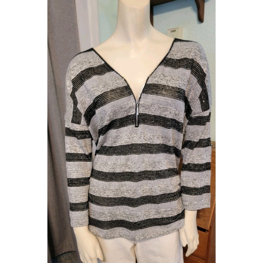 89TH + Madison Zipper Collar V‎ Neck Sweater Striped Black Gray Silver Thread M